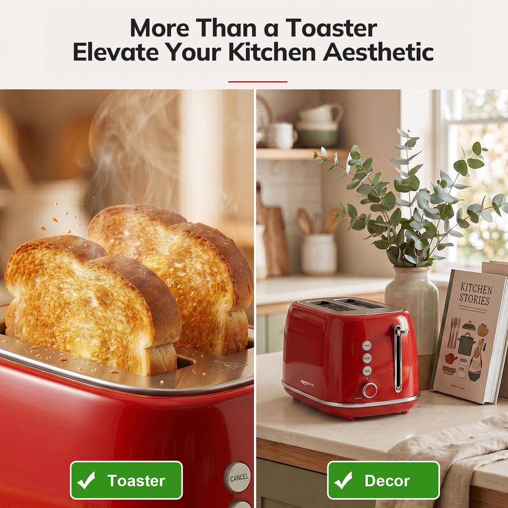 2 Slice Stainless Steel Toaster Retro with 6 Bread Shade Settings, Bagel, Cancel, Defrost Function, Extra Wide Slot, Removable Crumb Tray, Red