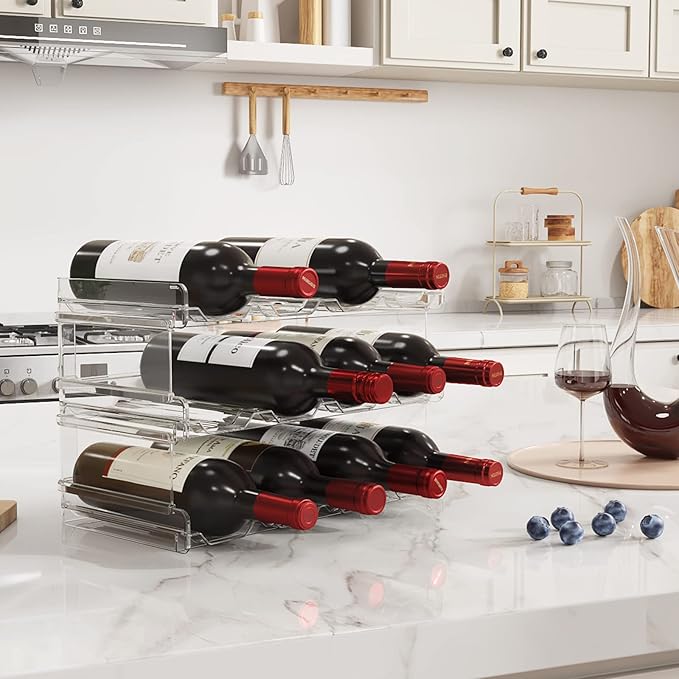 Lifewit Stackable Bottle Storage Organizer, Clear Freestanding Wine Holder for Cabinet, Large Slot Water Bottle Tumbler Organizer for Pantry, Plastic Wine Rack for Fridge Cellar, 3Tier Hold 12, 2Pack