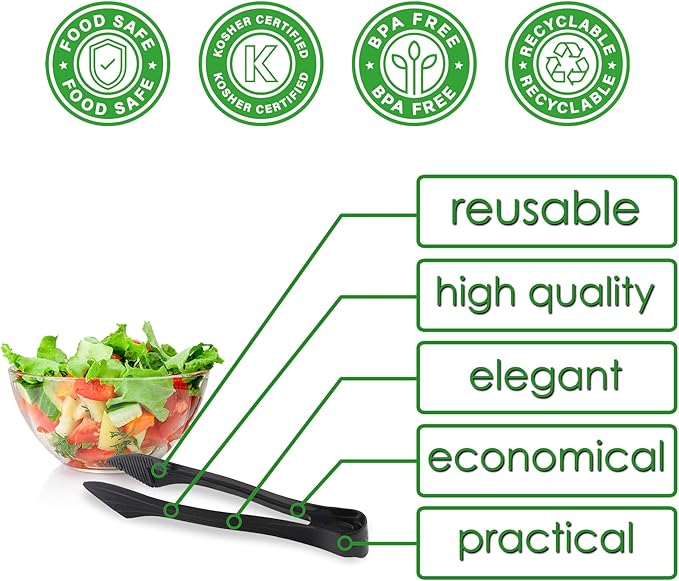 PARTY BARGAINS 8.5″ Black Plastic Serving Tongs 6-Pack – Heavy-Duty Disposable & Reusable Kitchen Tongs for Parties BBQ Buffet Salad Appetizers Catering