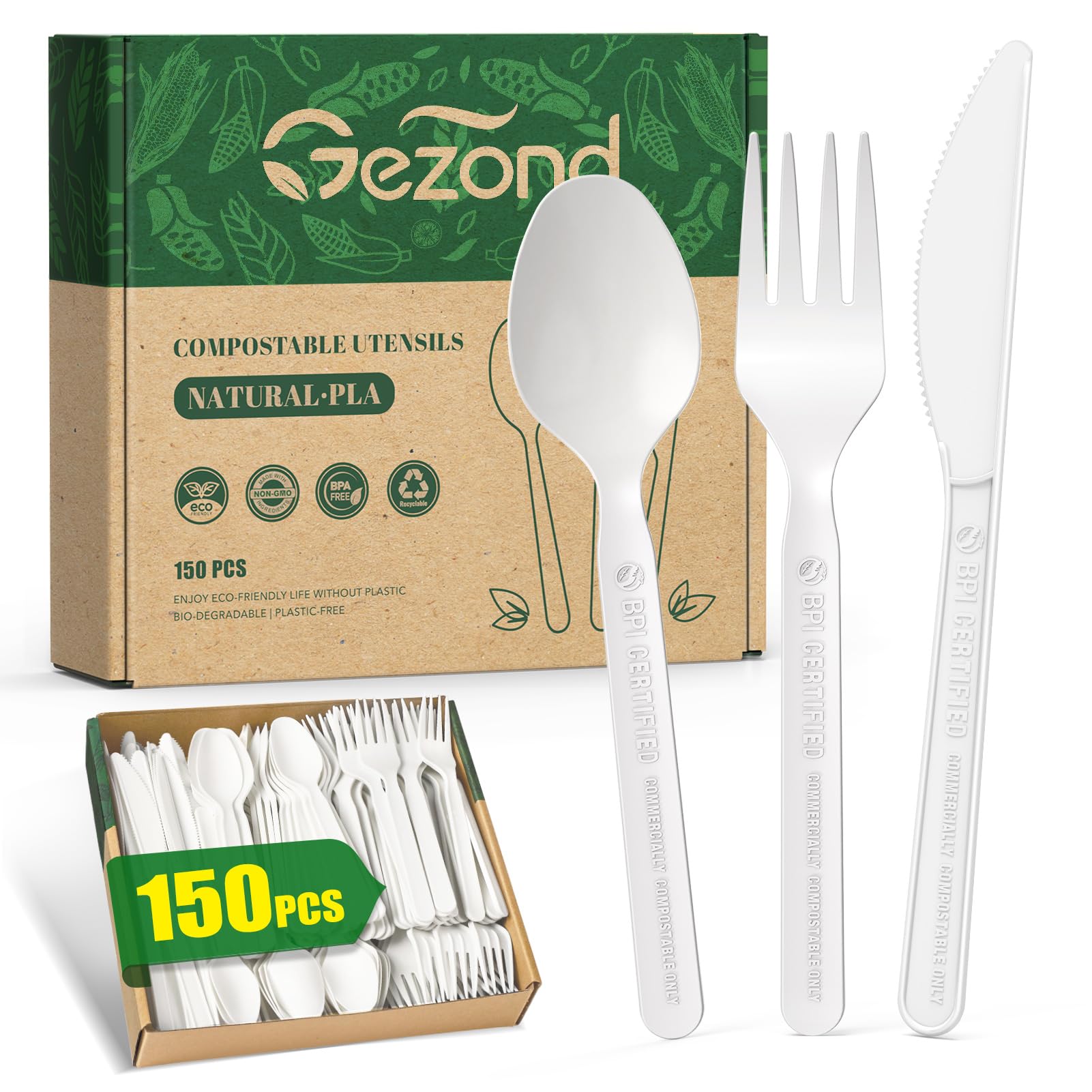 Gezond 150 Count 100% Compostable Cutlery Set, Forks Spoons Knives PLA Disposable Cutlery Set, No Plastic Biodegradable Eco-Friendly Utensils Suitable for Party Picnic Office Everyday Use