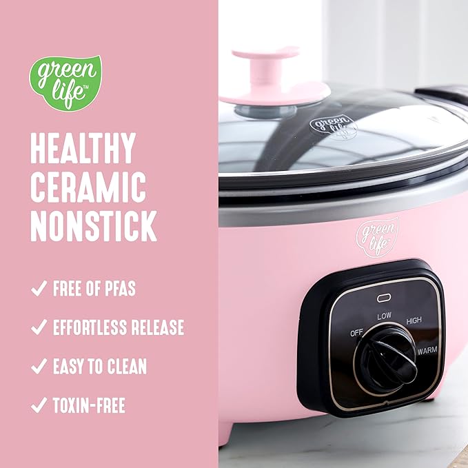 GreenLife 3.5QT Ceramic Nonstick Slow Cooker, Cooktop/Oven Safe, Pink