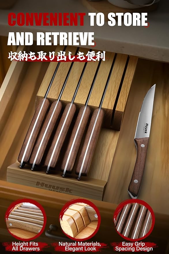 Huusk Steak Knives Set of 6 with Wood Block, Serrated & Straight Dual-Edge