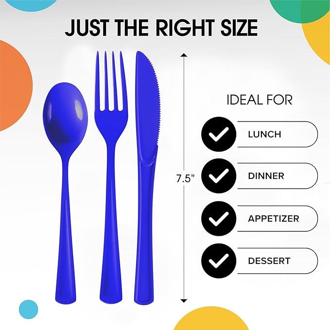 Party Solids Dark Blue Plastic Silverware Heavy Duty 300 Pieces Dark Blue Disposable Silverware Heavy Duty, Utensil Sets, 100 Of Each Forks, Knives & Spoons Disposable Cutlery Set For Party Supplies
