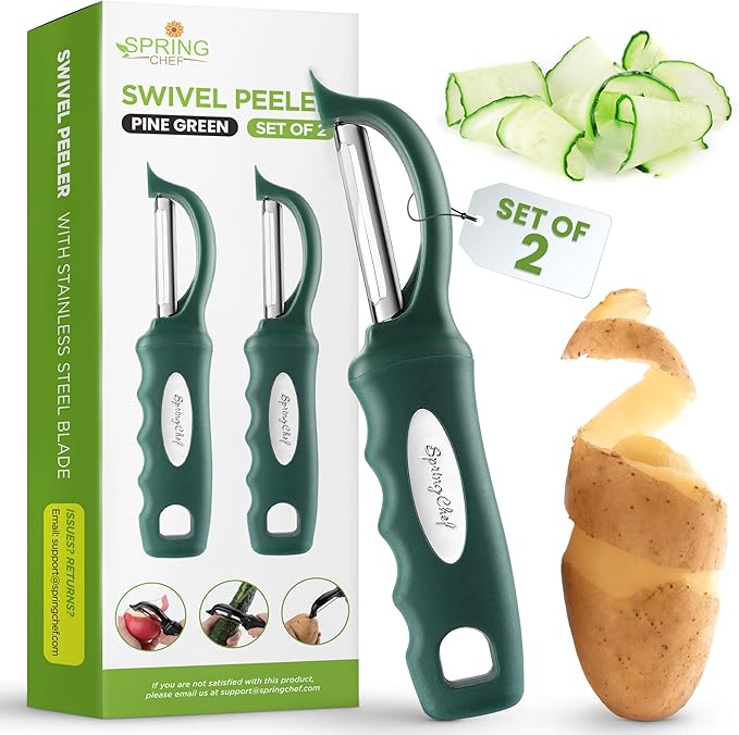 Spring Chef Swivel Potato Peeler w/Soft Grip Handle, Set of 2, Pine Green