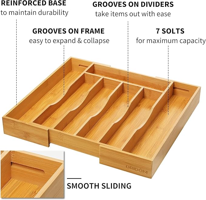 oridom 2-Piece Bamboo Silverware Organizer, Expandable Kitchen Drawer Organizer for Cutlery and Utensils, Multifunction Adjustable Bamboo Wood Cutlery Tray in Drawer for Flatware, (Natural)