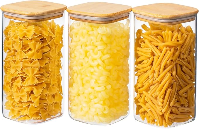 Xoniwis 3-Pack 1.6Qt Square Glass Storage Jars with Bamboo Lids