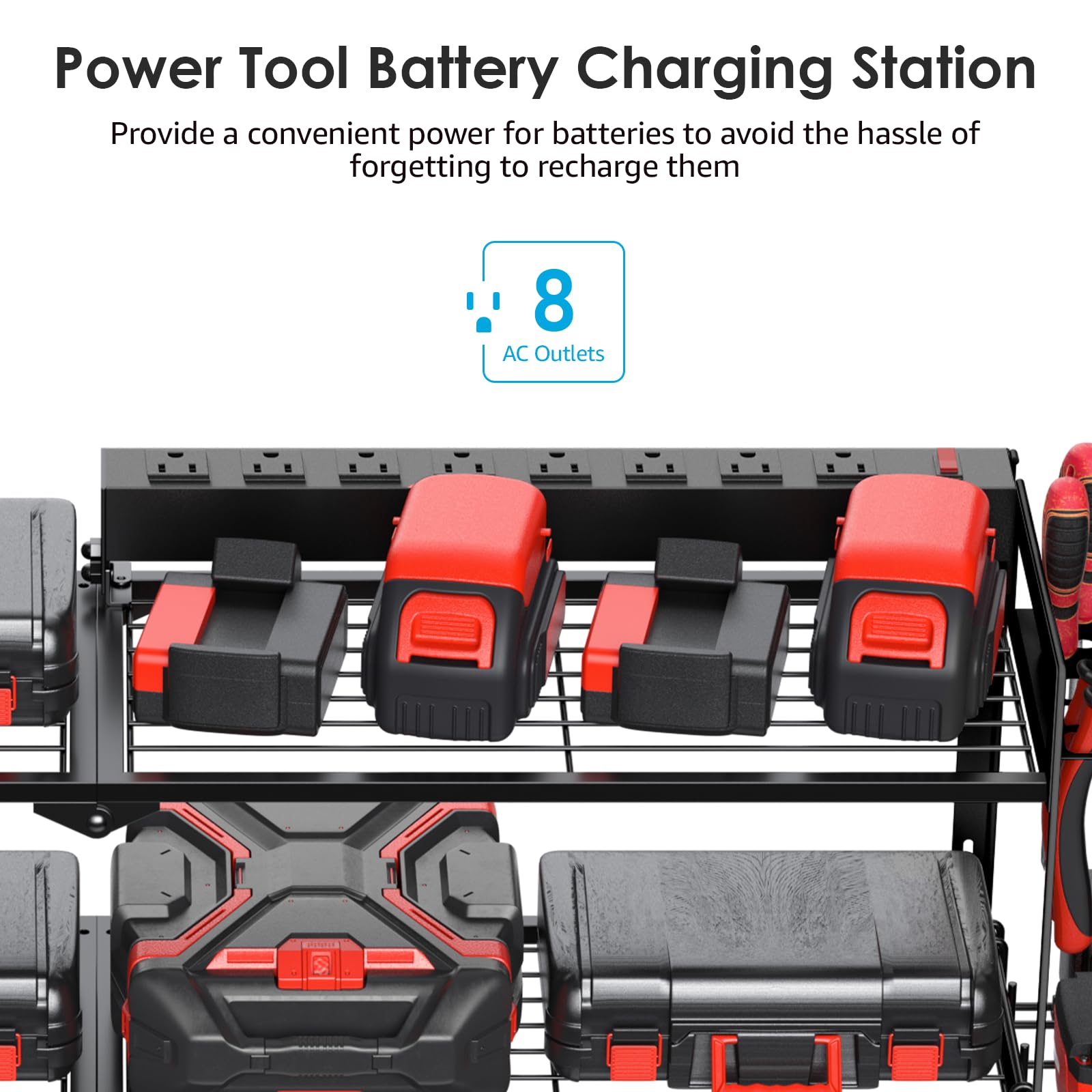 CCCEI Large Garage Tools Storage with Charging Station. Power Tool Battery Organizer Utility Shelf with Power Strip. 4 Drills Holder Wall Mount Rack, Black 3 Layer.