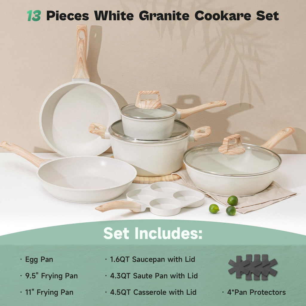SODAY Pots and Pans Set Non Stick, 13Pcs White Granite Induction Cookware
