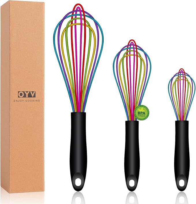 OYV Rainbow Silicone Whisk Set of 3, 8/10/12 Inch, Dishwasher Safe,Colorful