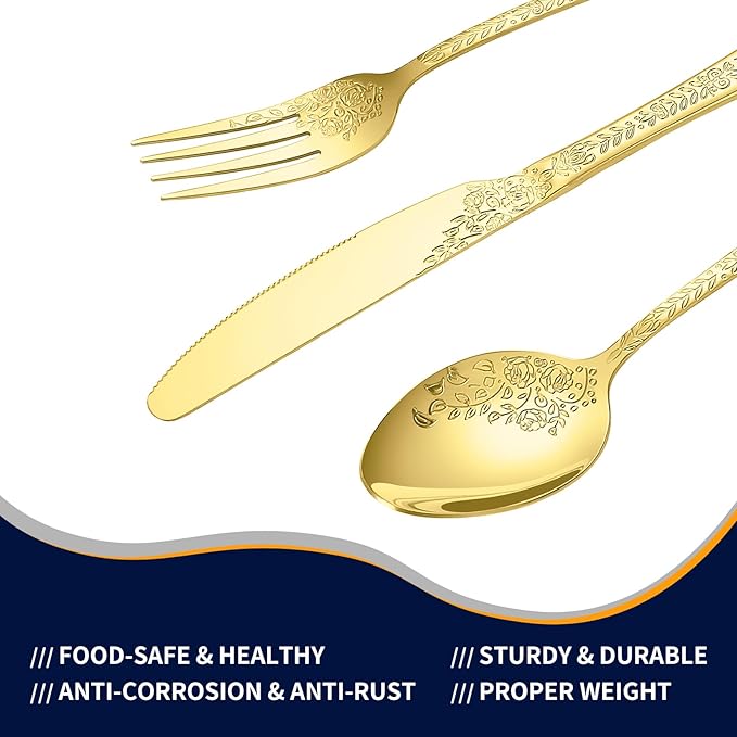 20 Pcs Gold Silverware Set for 4, Food Grade Stainless Steel Flatware Set, Eating Utensils Sets Include Fork/Knife/Spoon, Reusable Cutlery Set for Home Kitchen, Dishwasher Safe, Embossed pattern-1