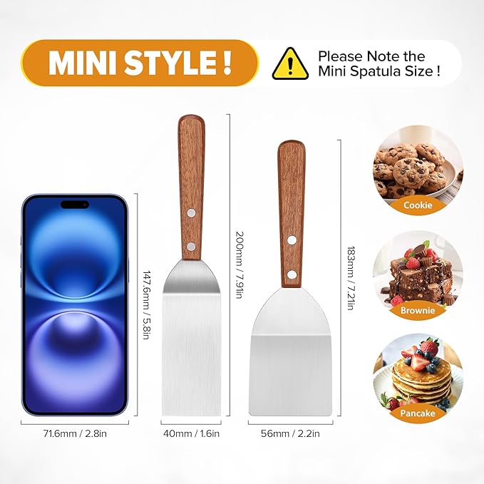 PETHOMKIT Small Mini Tiny Metal Spatula Turner Set with Wood Handle, 2 Pcs