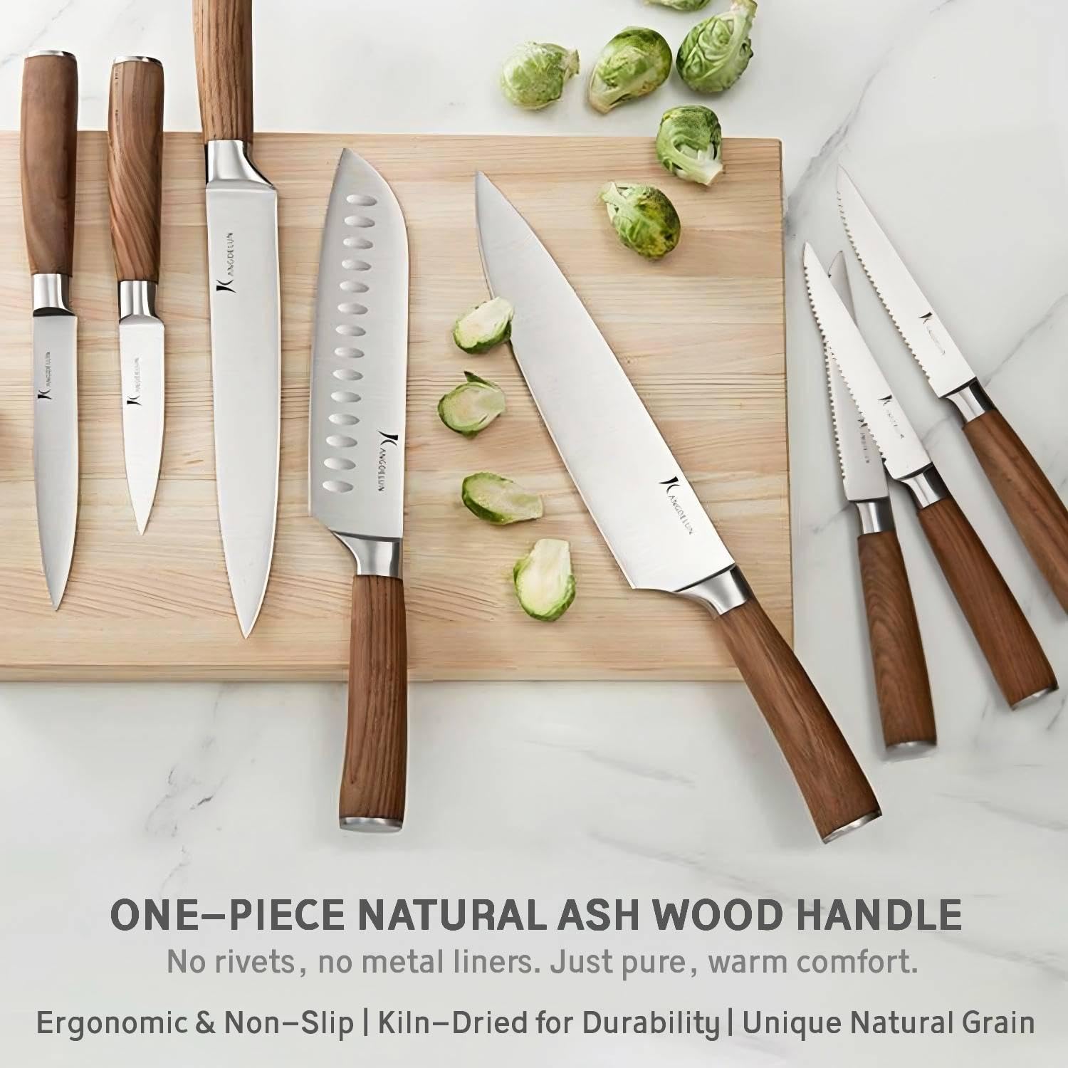 Kangdelun Ultra Sharp 15-Piece Knife Set, 50Cr15MoV High-Carbon Stainless Steel, Torrefied Brown Ash Wood Handles, Angled Dark Brown Wood Block, Easy Hand Wash, Gift Box