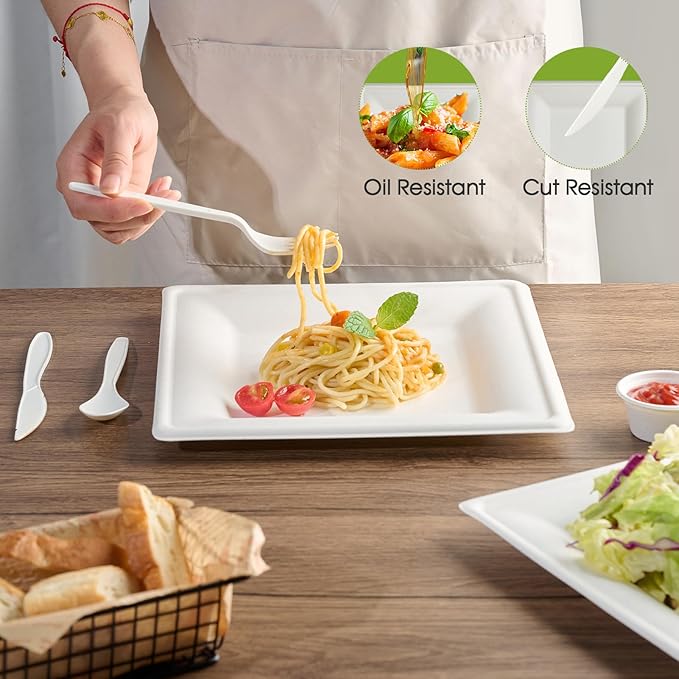 ECOLipak 10 Inch Square Paper Plates, 300 Pack Compostable Disposable Plate