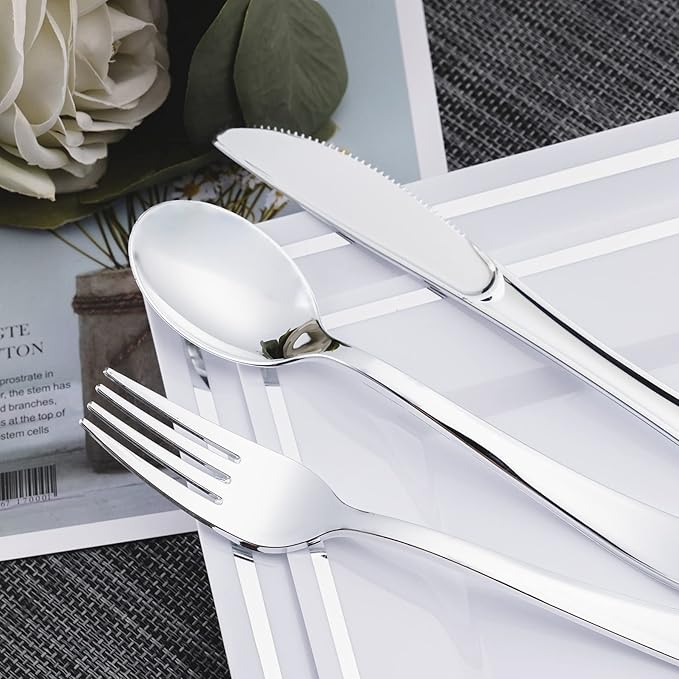 N9R 200PCS Silver Plastic Silverware, Disposable Utensils & Cutlery