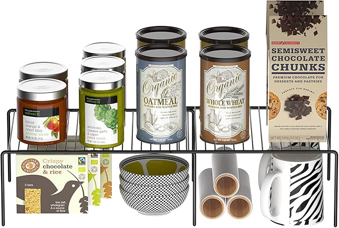 GEDLIRE Kitchen Cabinet Expandable Shelf Organizers Set of 2, Adjustable Metal Wire Pantry Storage Shelves, Plate Dish Organizer Rack for Cabinets, Cupboard, Counter, Freezer, Countertop, Black