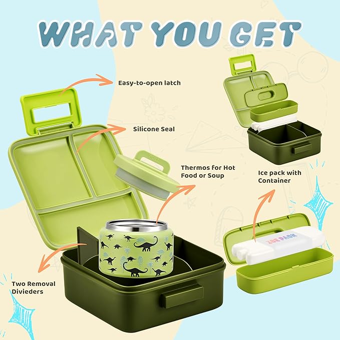 Bento Lunch Box for Kids with 8oz Soup Thermo Leak-Proof Lunch Food Containers with Snack Sauce Container for Kid Girls Boys to School (Forest Dinosaur)