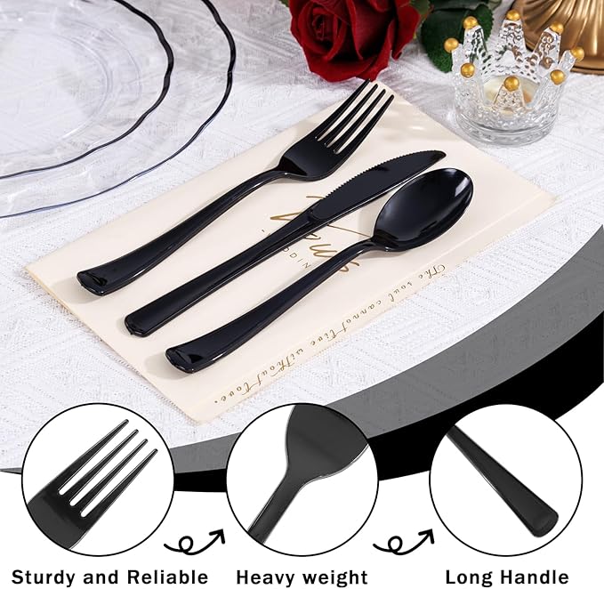 Supernal 300pcs Black Plastic Silverware, Disposable Cutlery Set