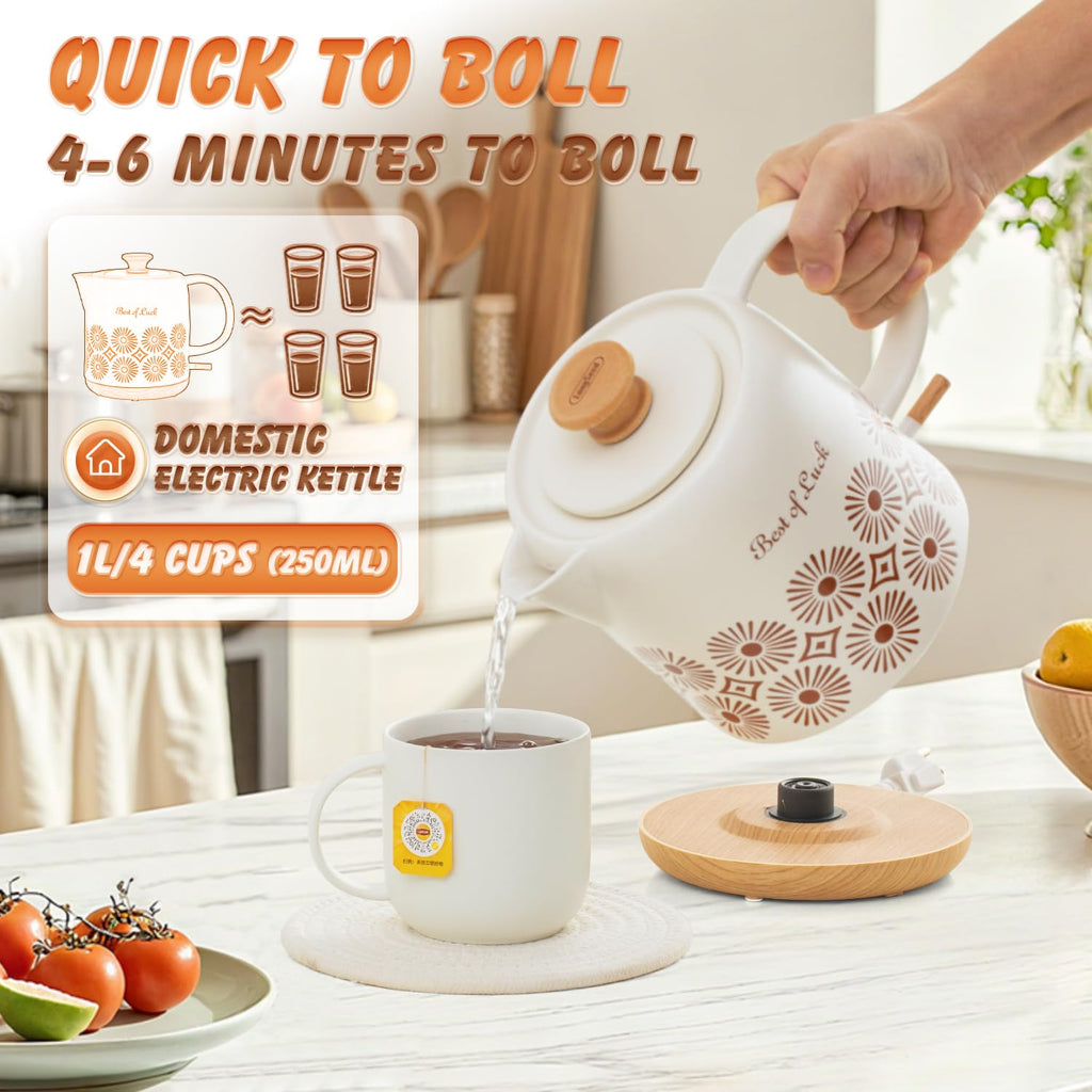 LONGSEED 1 Quart Ceramic Electric Kettle, 1000W Fast Boil Retro Tea Pot with Auto Shut-Off & Boil-Dry Protection, Floral Porcelain Hot Water Boiler with LED Light for Home & Kitchen