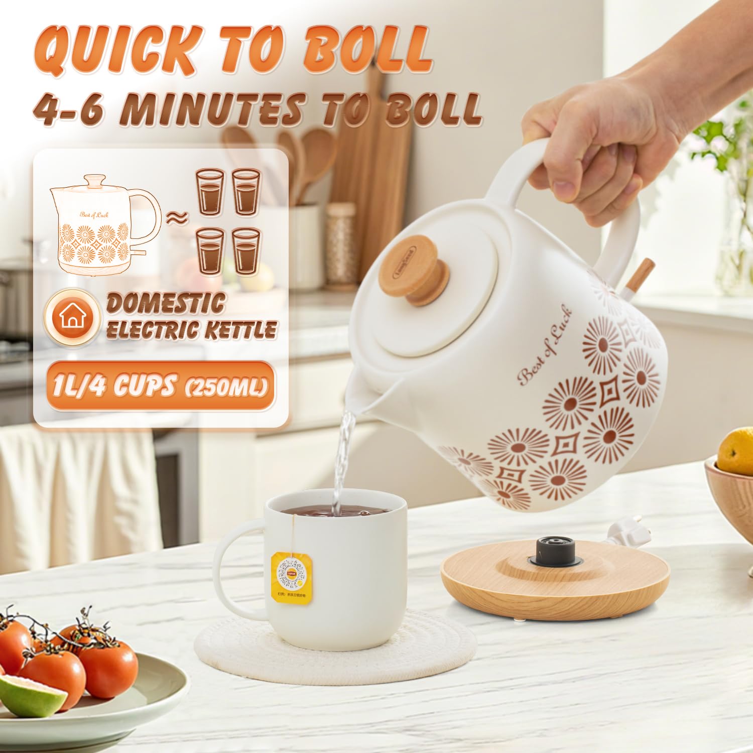 LONGSEED 1 Quart Ceramic Electric Kettle, 1000W Fast Boil Retro Tea Pot with Auto Shut-Off & Boil-Dry Protection, Floral Porcelain Hot Water Boiler with LED Light for Home & Kitchen