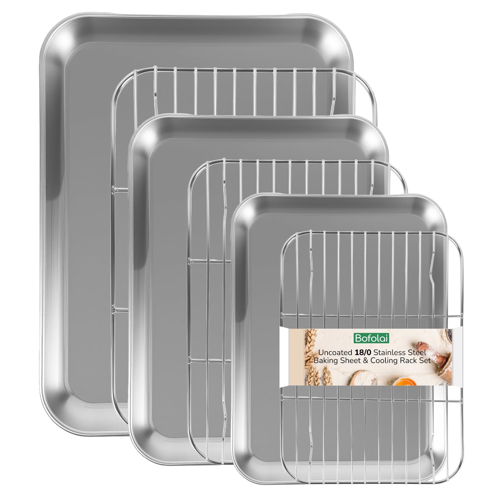 Bofolai 18/0 Stainless Steel Baking Sheet with Cooling Rack, Oven-Safe Non-Toxic Cookie Sheets for Baking, Set of 6, Coating Free & Rust Resistant for Healthy Family Baking, Easy to Clean, Heavy-Duty