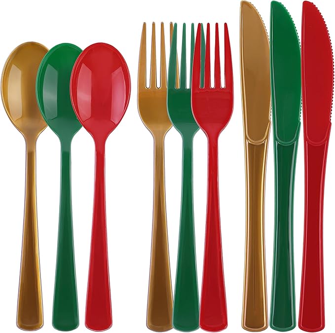 Kochorie 300 Pieces Christmas Plastic Silverware Heavy Duty Plastic Cutlery Set Heavyweight Disposable Flatware Includes Christmas Spoons Knives Forks for Christmas New Year Party