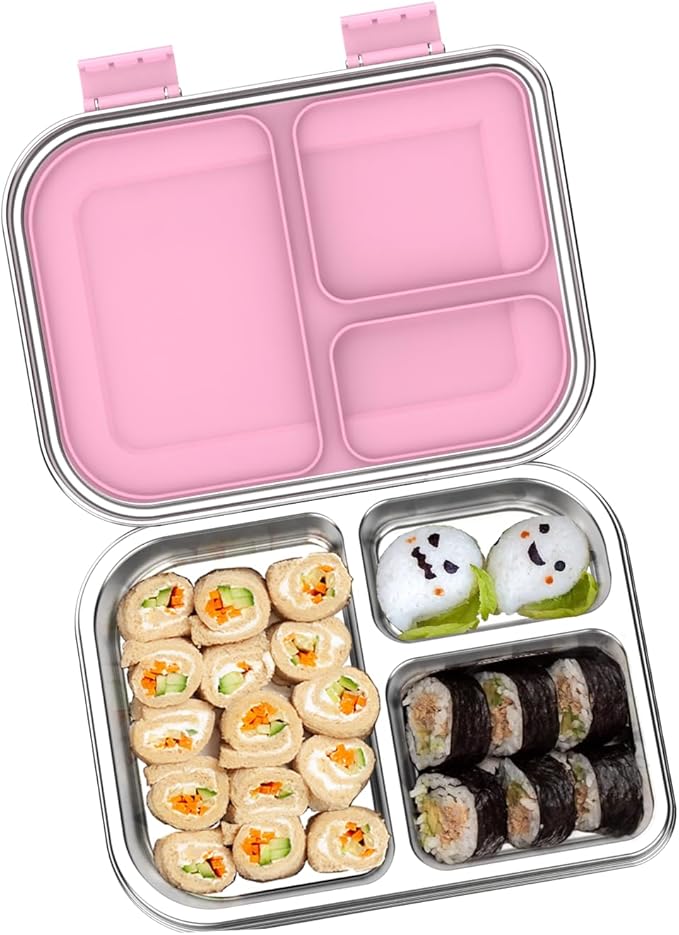 TOURPOR Stainless Steel Bento Box for Kids 1000ml - 3 Compartment Lunch Box for Adults, Leakproof Food Container, BPA-Free Metal Lunch Box with Silicone Seal, Eco-Friendly/Dishwasher Safe (Pink)