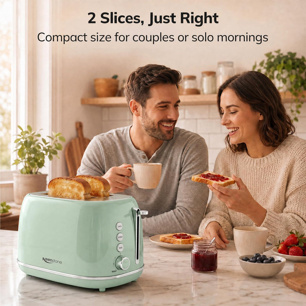 2 Slice Stainless Steel Toaster Retro with 6 Bread Shade Settings, Bagel, Cancel, Defrost Function, Extra Wide Slot, Removable Crumb Tray Green