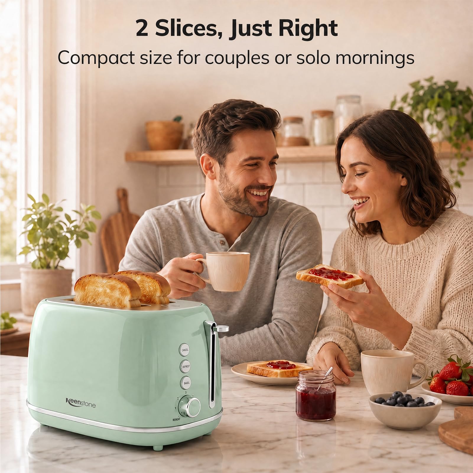 2 Slice Stainless Steel Toaster Retro with 6 Bread Shade Settings, Bagel, Cancel, Defrost Function, Extra Wide Slot, Removable Crumb Tray Green