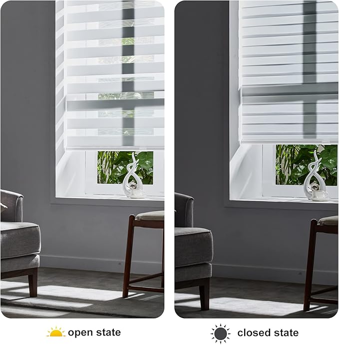 Persilux Cordless Zebra Blinds for Windows (58" W X 64" H, White) Free-Stop Roller Windows Shades Dual Layer Light Control for Day and Night, Light Filtering Sheer Shades for Home, Easy to Install