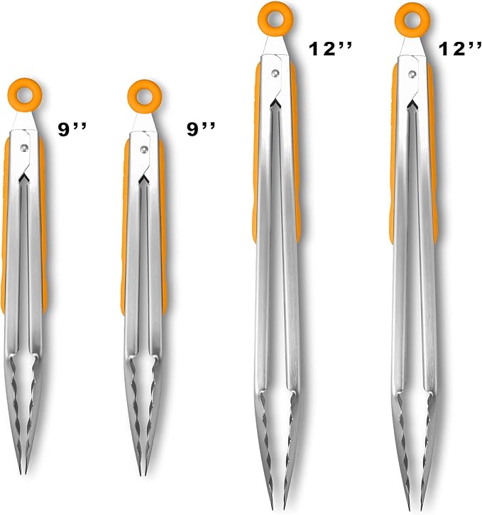 304 Stainless Steel Locking Kitchen Tongs, 9 & 12 Inch, 4-Piece, Orange