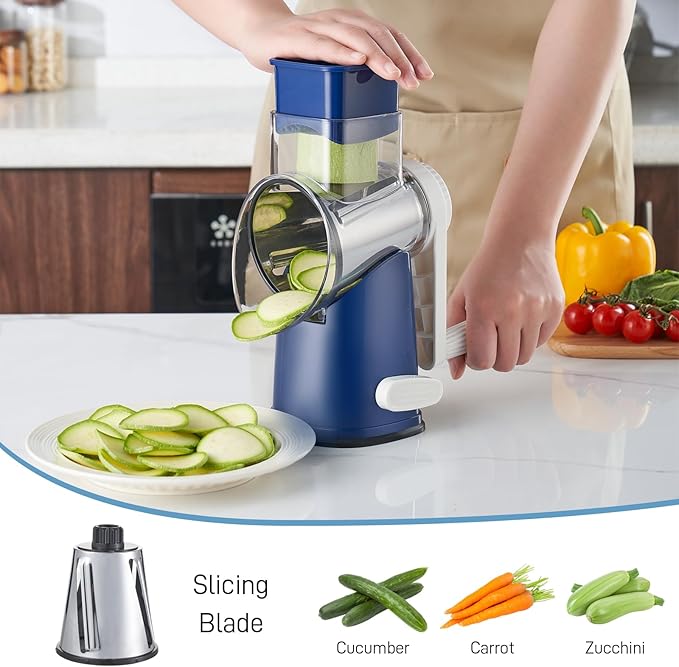 VEKAYA Rotary Cheese Grater Hand Crank, 4 blades Cheese Shredder (Blue)