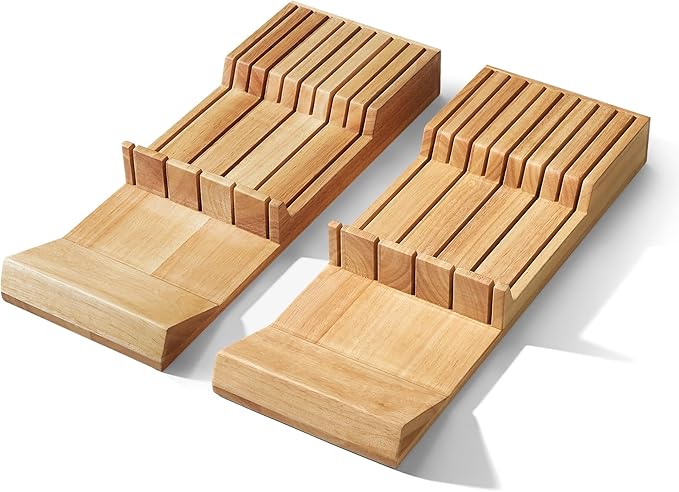 Cook N Home Basics Durable Wood Cutlery Holder, Knife Storage Block Organizer, Made of natural rubber wood, Polished Surface, Suitable for Drawers, 2 Pcs, 9-Slot