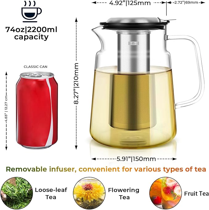 Aquach 74oz Glass Tea Pot with Infuser, Stovetop Safe Borosilicate Teapot