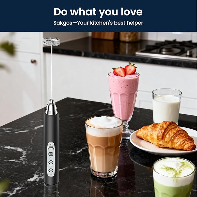 Milk Frother Wand Rechargeable Handheld Electric Whisk 3 Speed Adjustable
