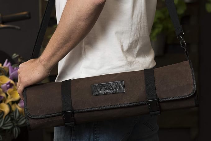 Asaya Waxed Canvas Chef Knife Roll Bag with 10 Slots and a Zipper Pocket - Professional Chef Knife Bag & Storage Case, with Shoulder Strap - Knives Not Included (Brown)