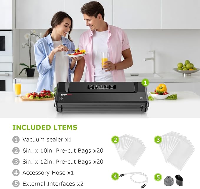 Bonsenkitchen Vacuum Sealer Machine With 5 Vacuum Bags,Black