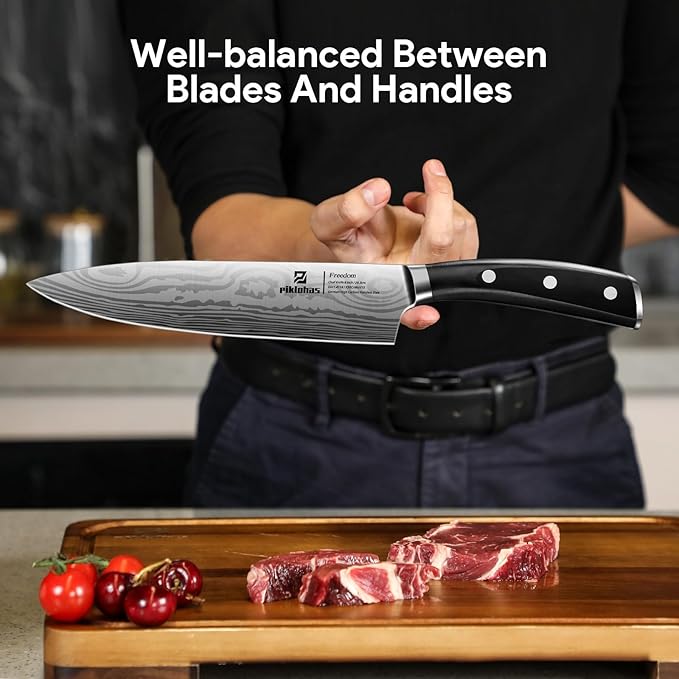 Piklohas Knife Sets for Kitchen with Block, 17 Pieces with Magnetic Knife Holder, German High Carbon Stainless Steel Damascus Pattern Chef Knife Set, Ideal for Gift