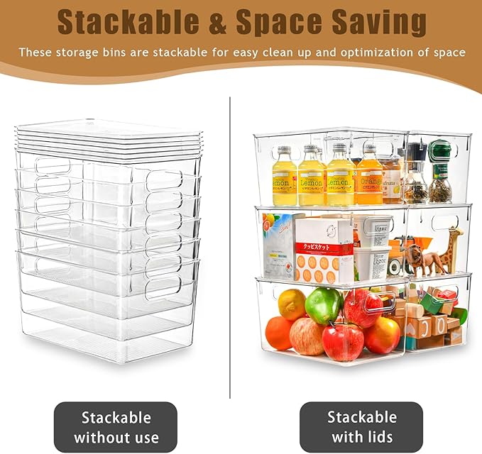 Freebat 12 Pack Clear Storage Bins with Lids, 7 Quart Pantry Organizer Bins