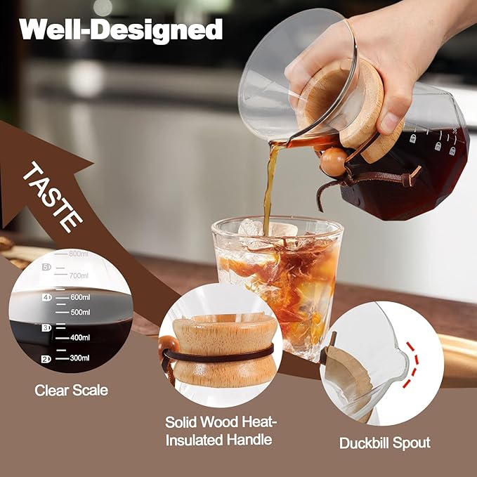 DITOSH Pour Over Coffee Maker 800ml 27.1oz Glass Drip Coffee Maker with 304 Stainless Steel Filter High Borosilicate Glass Duckbill Spout Solid Wood Handle Pour Over Coffee Dripper for Daily Brewing