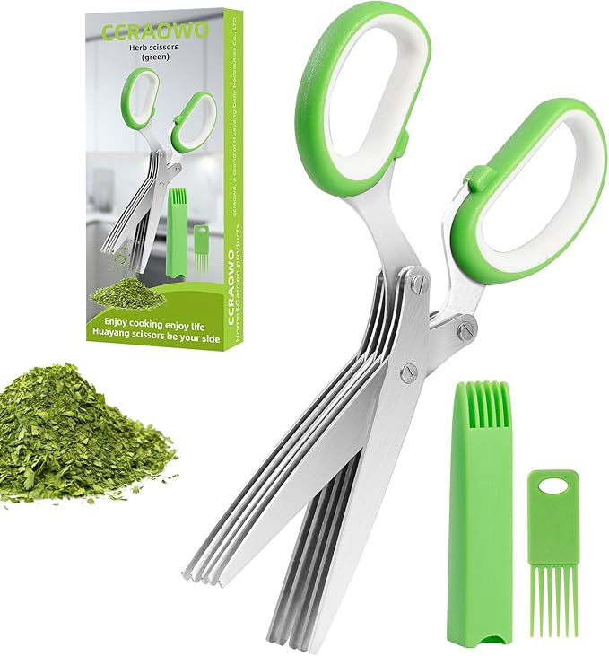 ccraowo 2025 Herb Scissors Set - Classic green 5-Blade Design with Cover and Comb - Skin-Friendly Handle for Comfortable Grip - Dishwasher Safe, Rust-Resistant Stainless Steel for Fresh Herbs