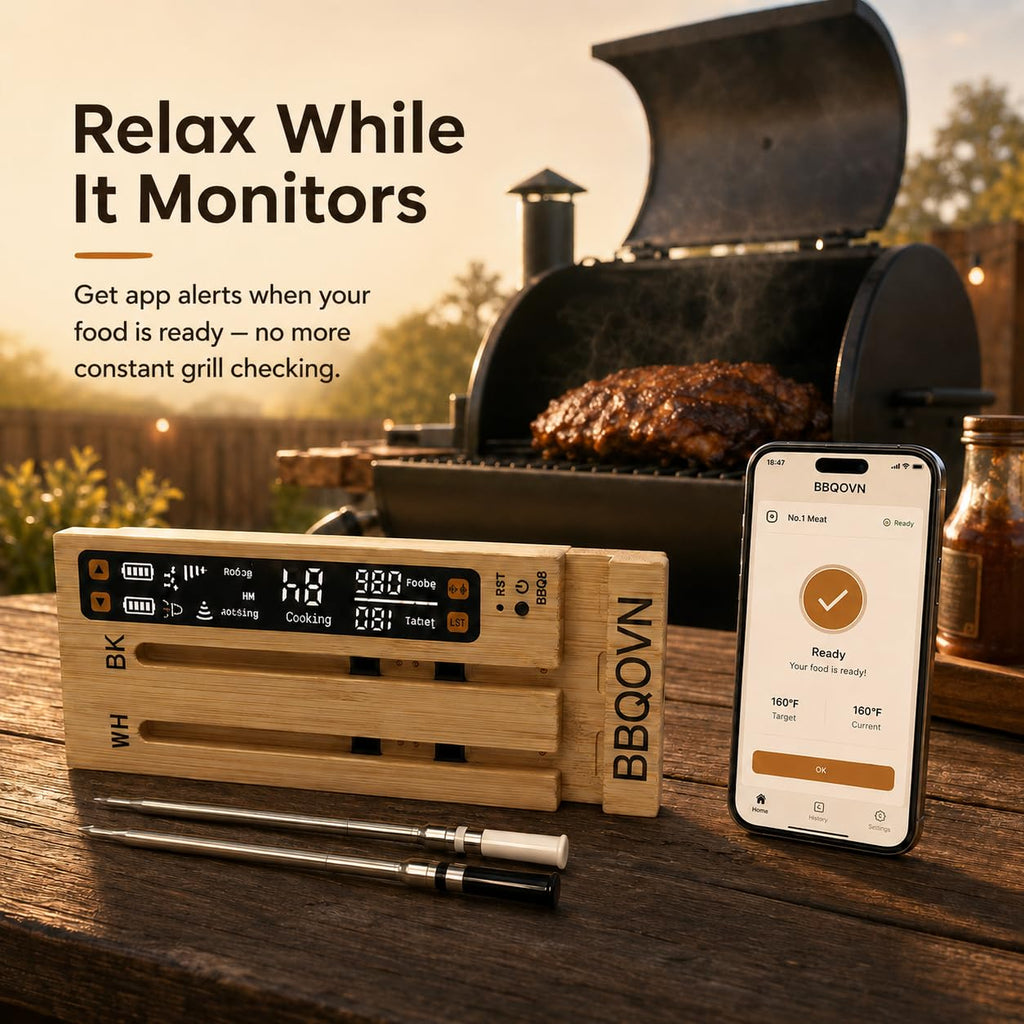 BBQOVN WiFi Sub-1G Wireless Meat Thermometer Unlimited Range 7 NIST Certified Sensors with Ambient Temp 2 Temp Monitoring Ways Digital Smart Base and App for BBQ, Smoker, Grill, Oven (Dual Probes)