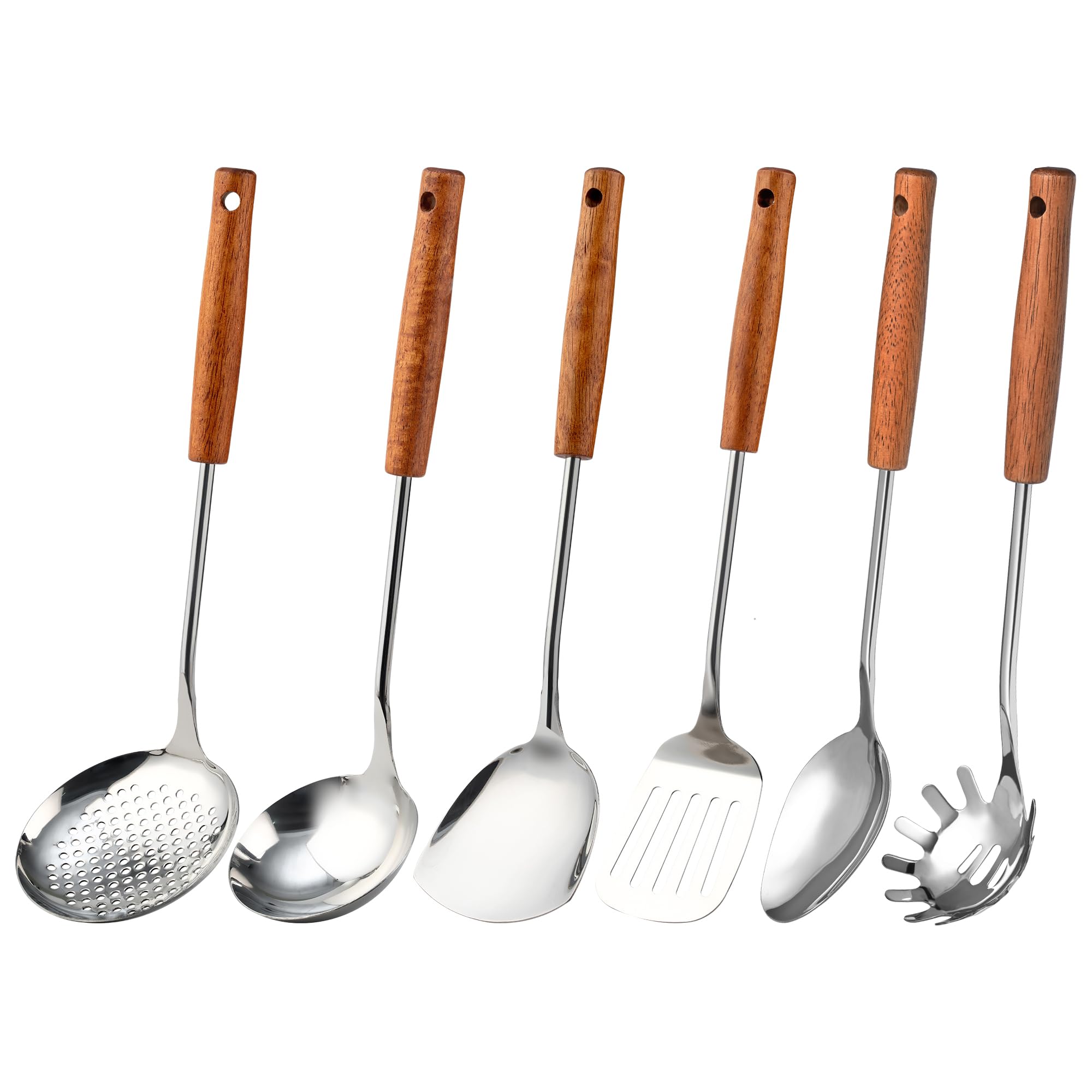 FJNATINH Stainless Steel Kitchen Utensils Set with Wood Handle Nonstick Stainless Steel Cooking Utensils Set with Turners,Spatula,Ladle,Skimmer,Solid Spoon,Pasta