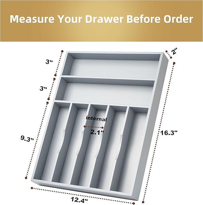 Besilord Silverware Organizer 13 Inch Gray Bamboo Kitchen Drawer Organizer 7 Slots Utensil Organizer Silverware Holder Cutlery Organizer Flatware Tray (Large)