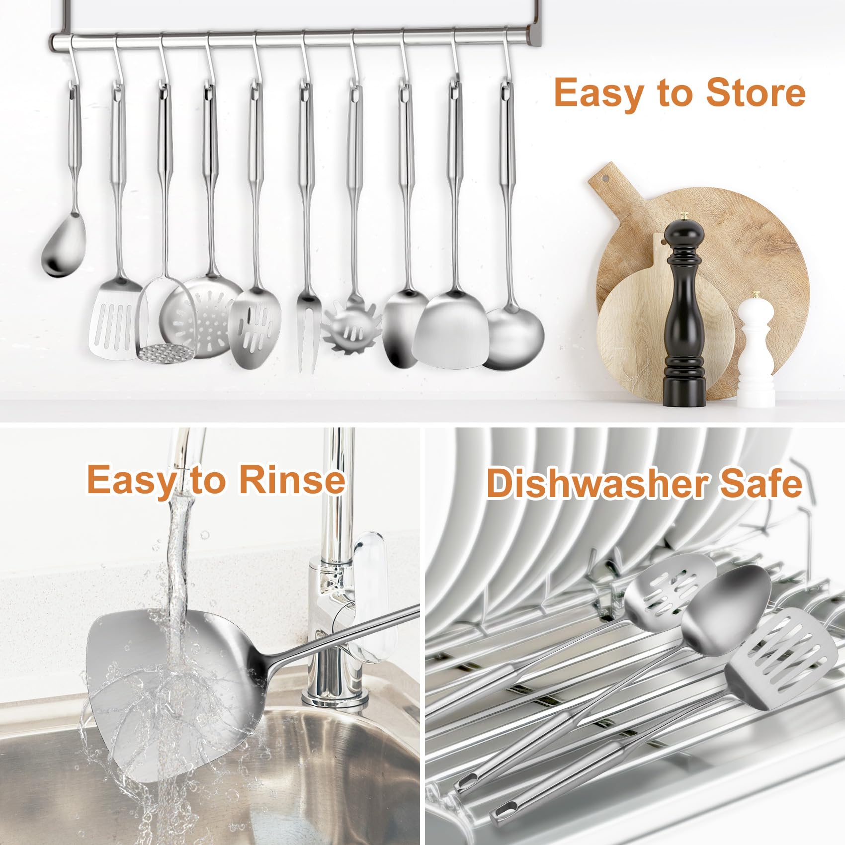304 Stainless Steel Cooking Utensils Set, 12 Pcs Long Stainless Steel Kitchen Utensils Set, Metal Cooking Utensils Set with Potato Masher, Spoon, Ladle, Skimmer, Pasta Server etc(Dishwasher Safe)