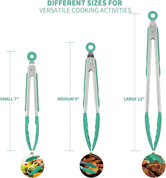U-Taste Kitchen Tongs for Cooking, 600ºF Heat-Resistant Tps, 3Pcs/Aqua Sky