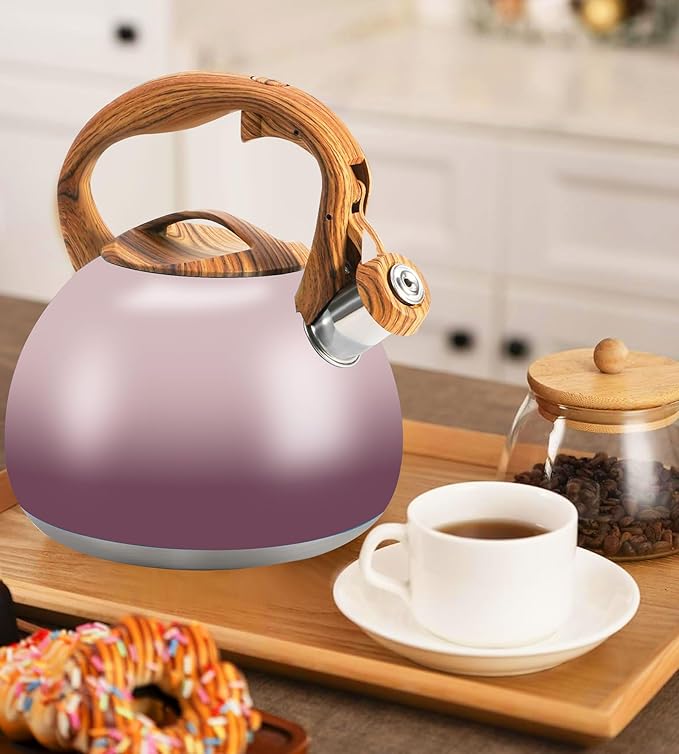 Foedo Tea Kettle for Stove Top, 3.2QT Whistling Tea Pots with Wood Parttern Handle, Stainless Steel Teapot for Home and Kitchen (Purple Gradient)