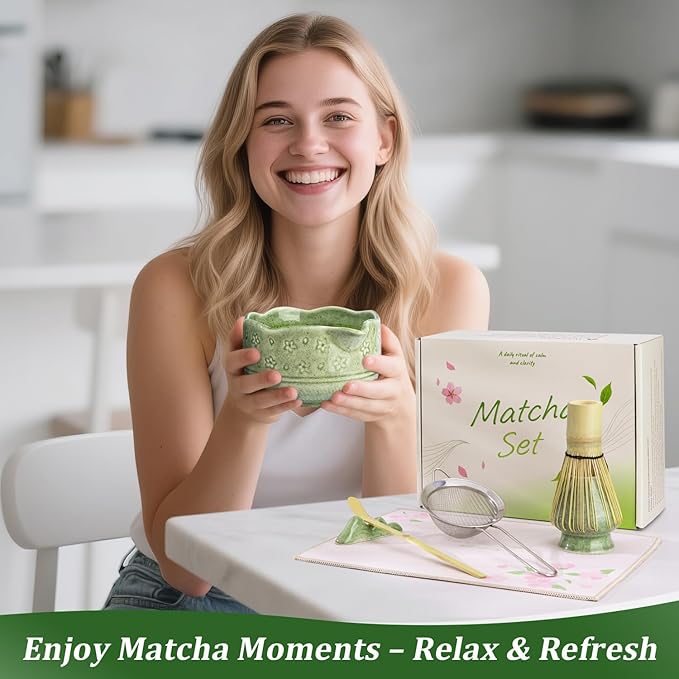 ALBISS Matcha Whisk Set, 7Pcs Ceramic Matcha Kit with Cherry Blossom Design