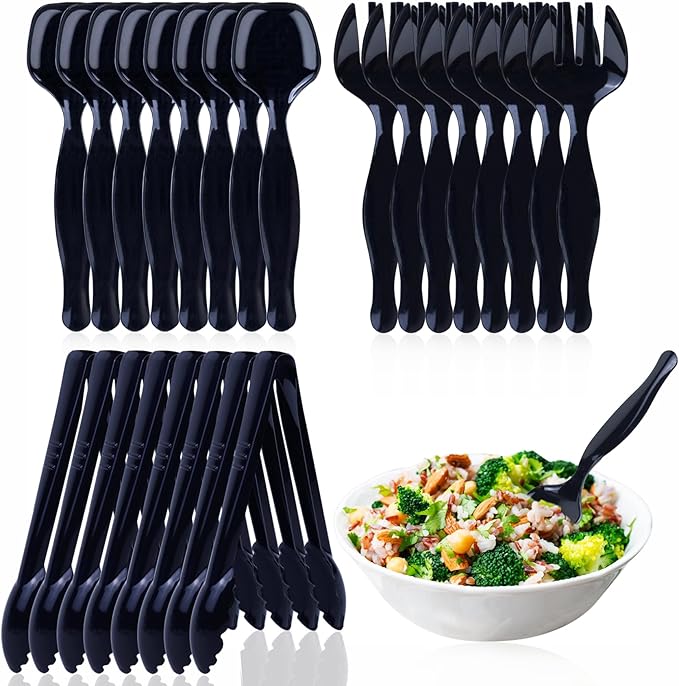 24Pcs Black Plastic Serving Utensils, Spoons Forks and Tongs Set