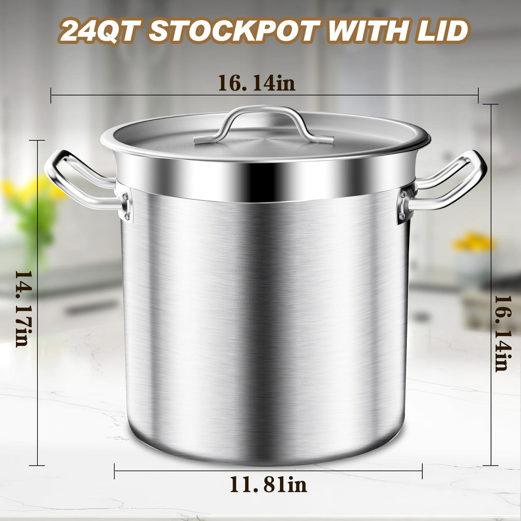 Large Stock Pot - 24QT Stainless Steel Stockpot with Lid, Heavy Duty Tri-Ply Bottom Commercial Grade Soup Pot for Cooking Soup, Stew, Pasta, Oven, Gas, Ceramic, Dishwasher Safe