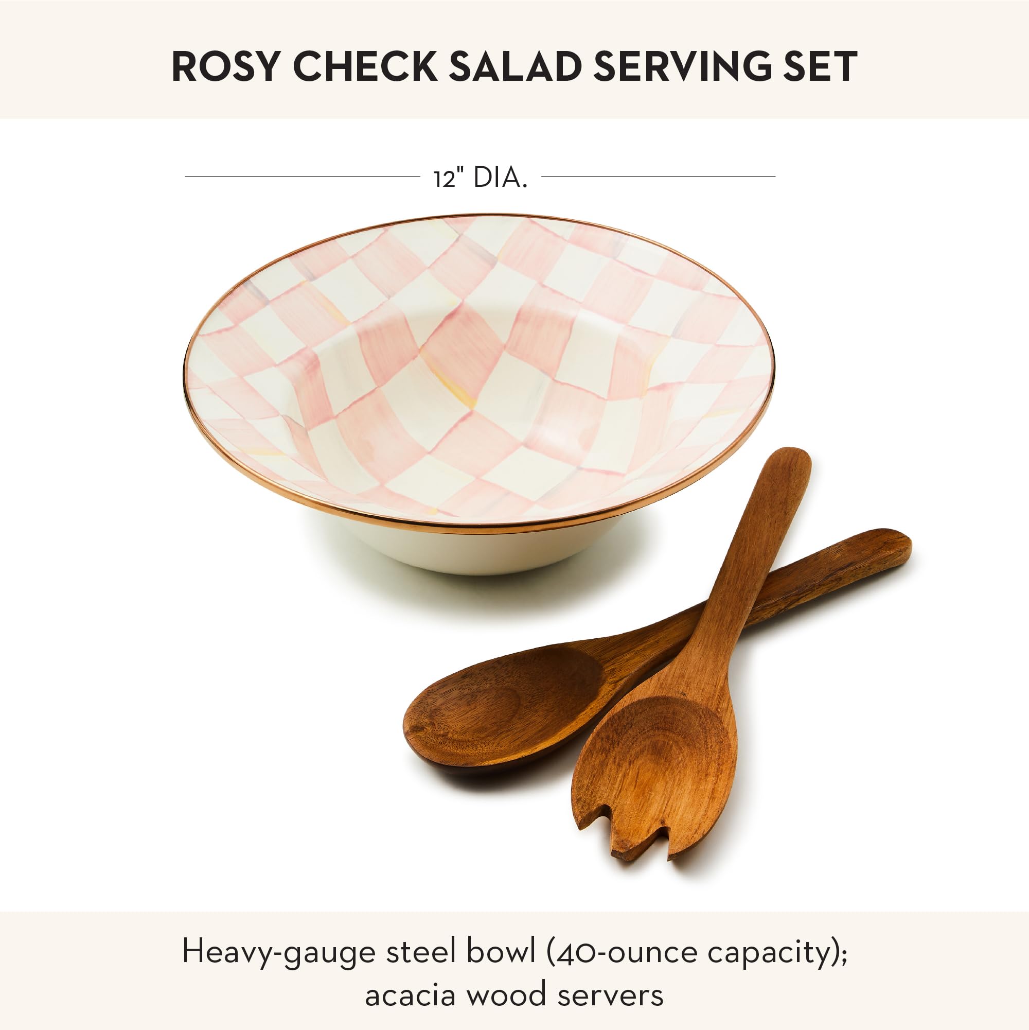 MACKENZIE-CHILDS Enamel Salad Serving Set, Pink-and-White Rosy Check